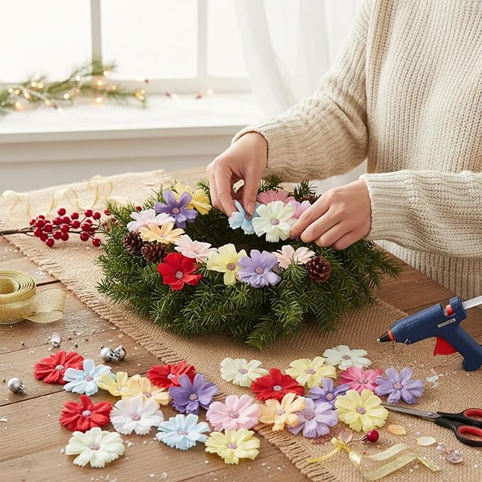 120 Pieces Small Flowers for Crafts Small Silk Faux Flower Fabric Flowers for Decorations Floral Arrangement Decor Daisy Roses Craft Supplies for DIY Wreath Wedding Party Baby Shower Decor