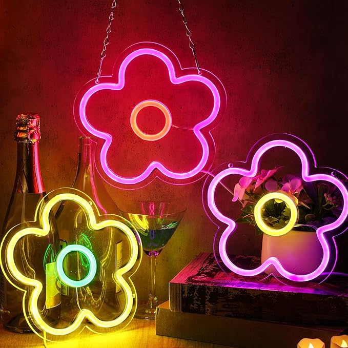 Baquler 3 Pcs Flower Neon Sign Light up Flower Sign Retro Neon LED Lights USB Powered for Wall Decor Window Bedroom Home Girls Birthday Christmas Party Decoration, 9 x 9 Inches(Stylish)