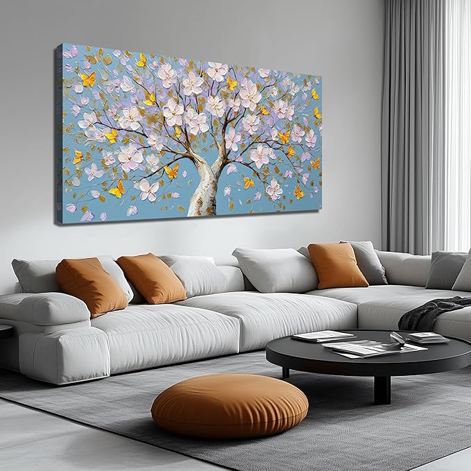 Purple Blossom Tree with Butterflies Canvas Wall Art with Gold Accents, Blue Background Abstract Picture for Living Room Bedroom Wall Decor Printed Painting Artwork Decoration Large Size 58x29 Inches