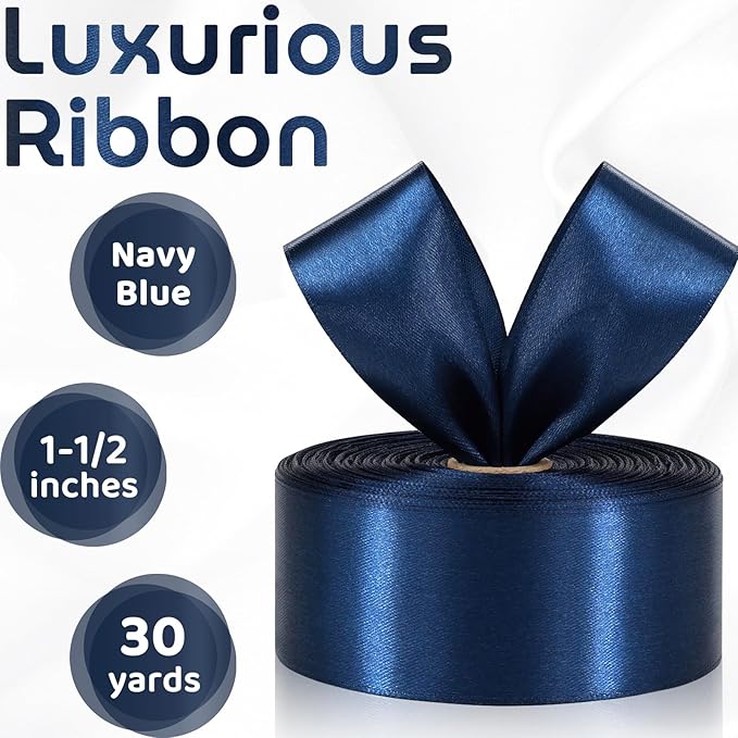 Navy Blue Ribbon 1-1/2 Inch 30 Yards Single Face Dark Blue Satin Ribbon for Bouquet Accessories Gift Wrapping Crafts Hair Sewing Wedding Christmas