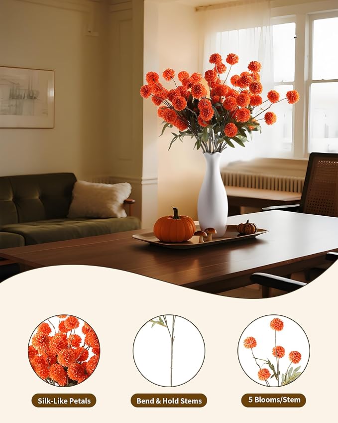 JAKY-Global Fall Flower Fake MUMS Artificial 10 Stems,Long Stems Silk Flowers Autumn Home Decor,Faux Floral Pompon Balls for Table Vase,Halloween Centerpieces,Wedding Arrangements