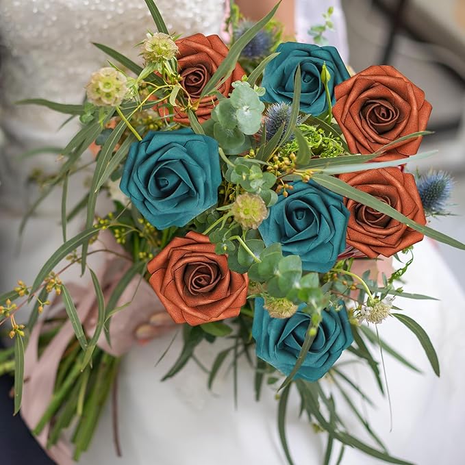 Artificial Flowers, 25pcs Artificial Rose for DIY Wedding Bouquets Centerpieces Arrangements, Terracotta and Dark Teal Foam Roses with Stem for Party Home Decorations