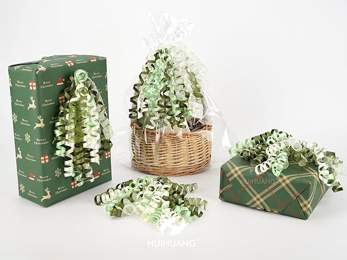 HUIHUANG Green Bows for Gift Wrapping Moss/Sage/Ivory Curly Bows with Self Adhesive & Twist Tie, 7 inch Sheer Satin Ribbon Bow for Presents, Gift Basket, Wedding Decor, Party Favors- 6 Counts