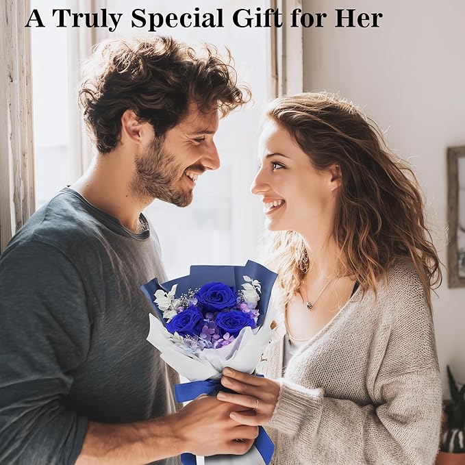 Flower Bouquet Gifts for Her, Flowers for Delivery Prime, Preserved Roses Flower Gifts for Women, Valentines Flowers, Mom Gifts from Daughter Son, Birthday Gifts, Real Roses,Blue Roses
