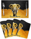 Elephant Placemats Set of 4, Black Gold Table Mats for Dining Table, Heat Resistant Washable Linen Place Mats for Home Party Kitchen Decoration 12"x18"