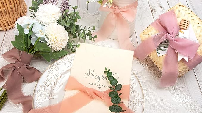 Ribbli Blush Pink Chiffon Ribbon 1-1/2 inch x 20 Yard Handmade Fringe Chiffon Silk Ribbon for Wedding Invitations, Bridal Bouquets Wrapping, Flower Arrangement Decoration