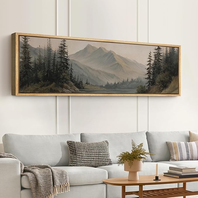 SIGNFORD Large Framed Canvas Print Wall Art Mountain Forest Landscape Misty Pine Trees and Lake Scene Illustrations Modern Art Relax/Calm Warm for Living Room, Bedroom, Office - 60"x20"