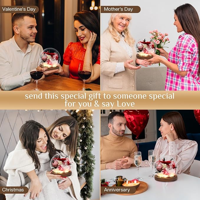 Preserved Flowers,Rose in Glass Dome with LED Light, Gifts for Her, Women, Mom,Grandma,Girlfriend, Wife- Style1