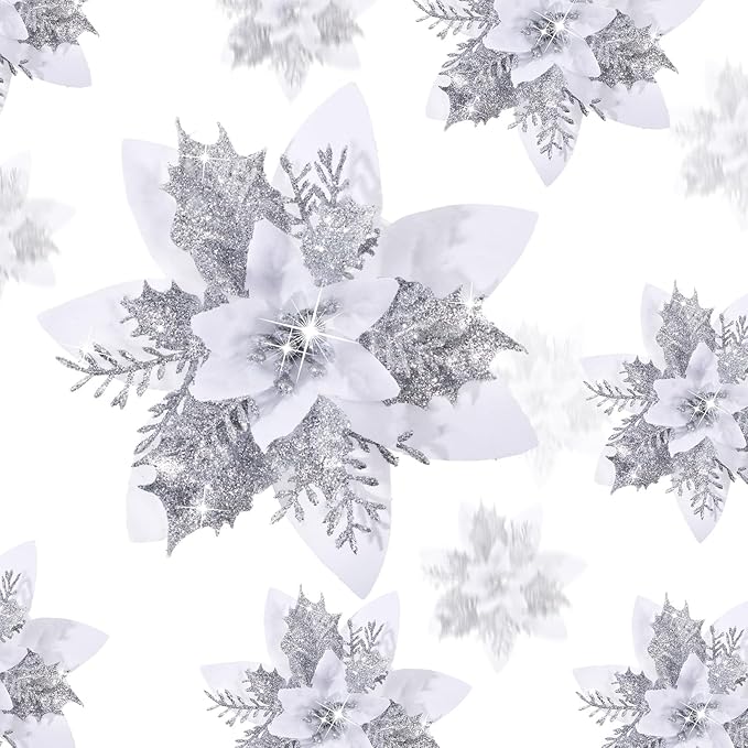 24 Christmas Glitter Artificial Poinsettia Flowers Xmas Poinsettia Artificial Wedding Flowers Decorations Xmas Tree Ornaments with Clips for Party Favors, 6 Inch, 4 Inch, 3 Inch (White)