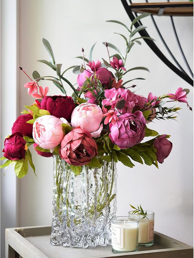 FiveSeasonStuff Mystic Blush Silk Peony & Hydrangea Bouquet with 2 Gold Taper Candle Holders; Vintage-Inspired Artificial Flowers for Weddings & Home Decor