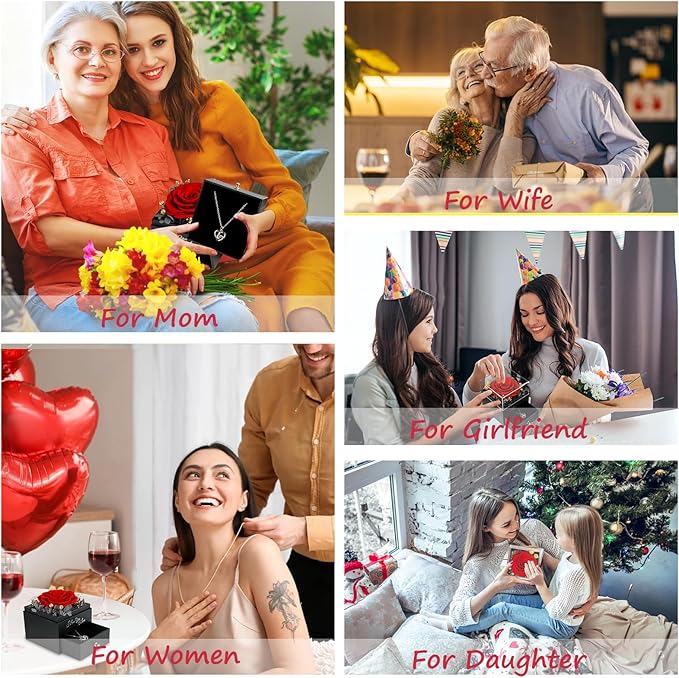 Gifts for Women Birthday, Preserved Real Red Rose with Necklace Gifts for Mom, Eternal Roses Forever Flowers Gifts for Girlfriend Mom Grandma Wife Mother's Day Birthday Anniversary