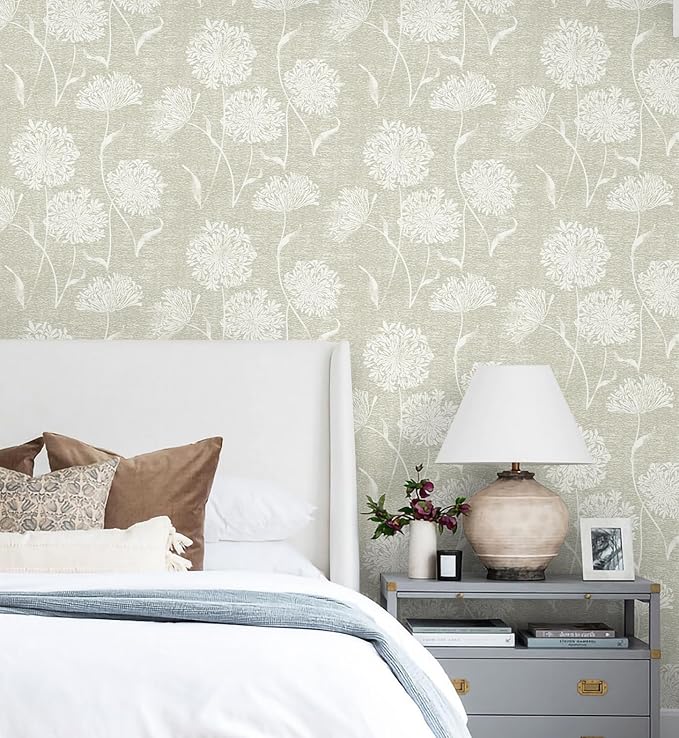 Safiyya Peel and Stick Wallpaper Floral Contact Paper Beige Grasscloth Wall Paper Neutral Self Adhesive Removable Wallpaper for Bedroom 197"x17.3" Covering Vinyl Rolls