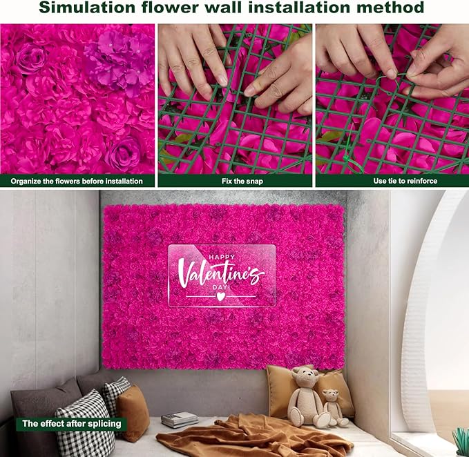 Flower Wall Backdrop 12pcs 16.5x16.5 Inch Floral Wall Panel Artificial Silk Rose Wall Decor Ideal for Wedding Celebrations, Festive Party Backdrops, and Home Decor-Bright Pink