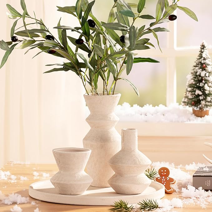 Ceramic Vase Home Table Decor - White Flower Vase Set of 3 Living Room Kitchen Decorations Farmhouse Modern Rustic Vases Decorative Centerpiece for Shelf Bedroom Office Bathroom Dining Coffee Desk