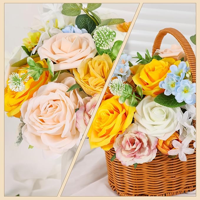 Artificial Flowers Combo Box Set Artificial Bouquets Wedding Flowers Faux Orange Flowers Roses with Stems for Wedding Centerpieces Party Home Decor