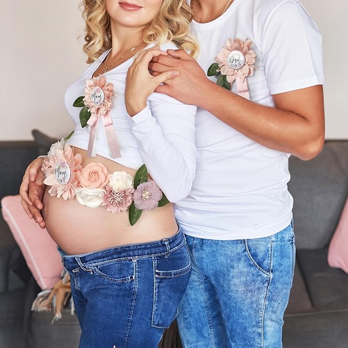 Baby Shower Maternity Sash Belly Belt-Pink Flower Sash Set Mom to Be & Dad to Be Corsage Pins for Gender Reveal