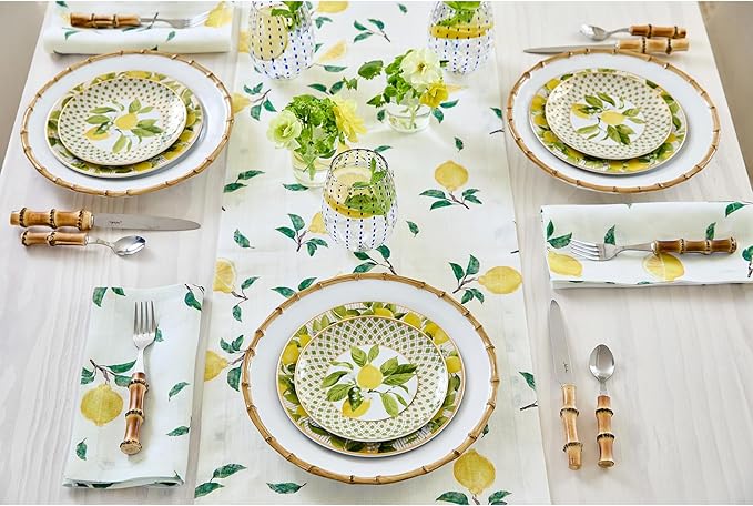Solino Home Lemon Print Table Runner 48 inch - 100% Pure Linen Table Runner 14 x 48 Inch - Machine Washable - Botanical Lemon/Off White Print