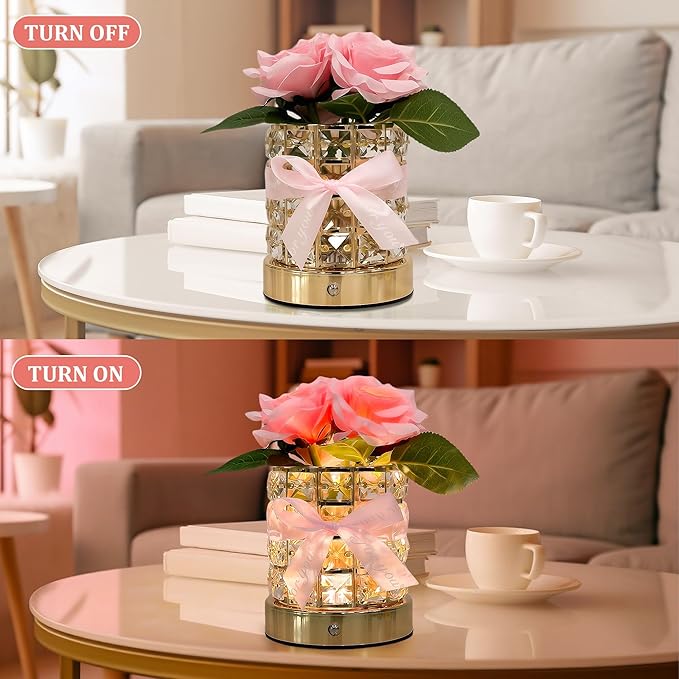 Rose Flower Lamp,Rechargeable Cordless LED Touch Table Lamp,3 Color Infinitely Dimming Bedside Lamps,Small Night Light for Living Room Bedroom Home Decor,Birthday Gifts for Women Mom (Rose)