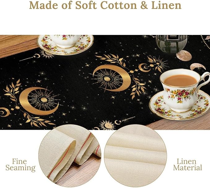 Gothic Moth Table Runner, Boho Gothic Sun Moon Phase Wildflower Mystical Witchy Farmhouse Coffee Table Center Decor for Home Kitchen Dining Patio Holiday Party Table Decorations 13x108 inches