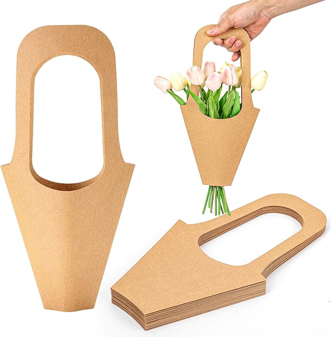 Lesnala 16Pcs Kraft Paper Flower Gift Bags with Handle Cone Shaped Bouquet Basket for Wedding Birthday Valentines Day Bar Shop Wrapping Supplies
