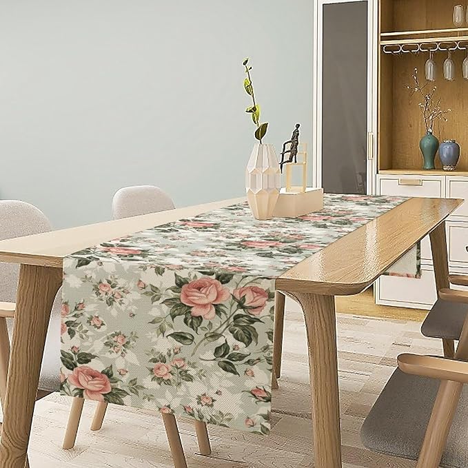 Rose Floral Table Runner, Green Pink Rose Leaf Classic Vintage Decorative Table Runner for Kitchen Dining Party Wedding Home Decor, 13x60 Inch