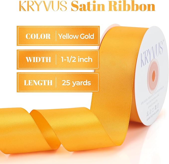 Yellow Gold Satin Ribbon, Double Faced 1-1/2 Inch X 25 Yards Yellow Gold Ribbon, Premium Satin Ribbon for Gift Wrapping, Crafts, Hair Bow Making, Sewing, Flower Bouquet, Wedding Party Decor
