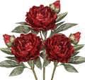 Briful 3PCS Red Artificial Christmas Peony Flower Stems, 15in Silk Peonies with Bud Fake Peony Floral Arrangement for Xmas Home Vase Party Wedding Bouquet Decor