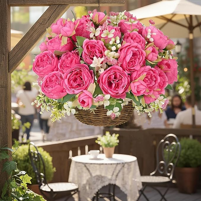 Peonies Artificial Flowers 12 Bundles Pink Flowers Bouquet, Lifelike Silk Fake Peonies with Stems for Home Table Centerpieces, Wedding, Party & DIY Bridal Floral Arrangements (Rose red)