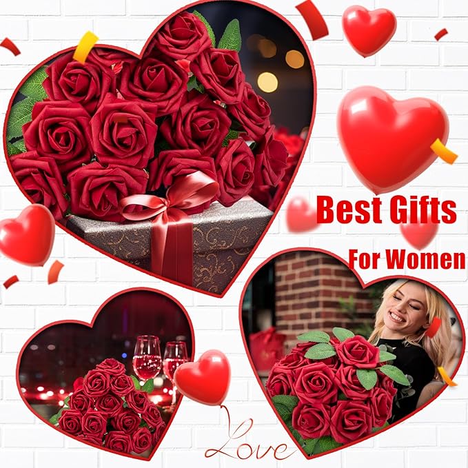 Cliselda 100Pcs Red Fake Roses Artificial Flowers with Stems, Valentine's Day Gifts, Real Touch Foam Rose Bulk Faux Flowers for Wedding Bouquets Centerpieces Flower Arrangement