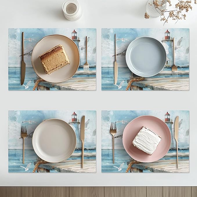 Lighthouse Seagull Placemats Set of 6 Washable Table Mats Ocean Nautical Coastal Heat-Resistant Cotton Linen Place Mats for Dining Table Kitchen Indoor Outdoor Party Holiday Decor