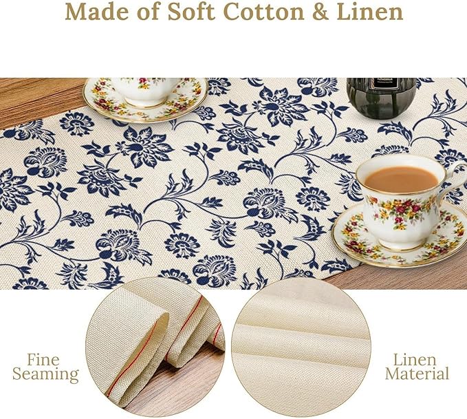 Boho Floral Table Runner, Navy Blue Paisley Flower Traditional Porcelain Vintage Decor Table Runner for Kitchen Dining Party, 13x90 Inch