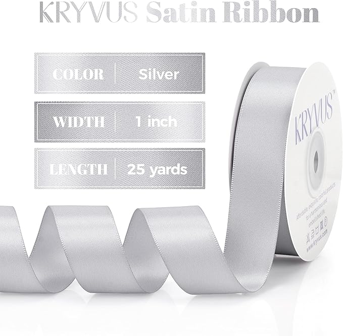 Silver Satin Ribbon, Double Faced 1 Inch X 25 Yards Silver Ribbon, Premium Satin Ribbon for Gift Wrapping, Crafts, Hair Bow Making, Sewing, Flower Bouquet, Wedding Party Decor