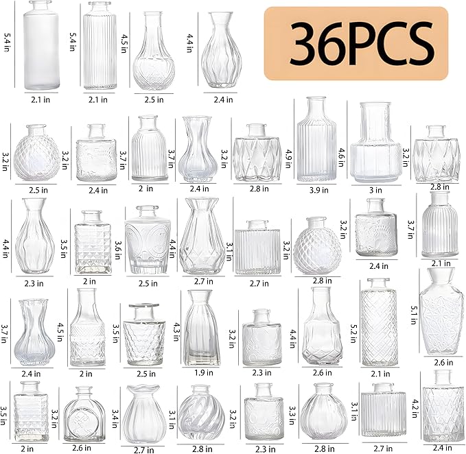 Glass Bud Vases Set of 36PCS, Small Flower Vases for Wedding Centerpiece Table Decoration, Vintage Vase in Bulk for Flower Arrangements, Mini Vase for Birthday Party, Festival Home Decor,Clear