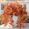 Artificial Faux Mums Fall Flowers for Outdoor Outside Decoration, 2 PCS Fake Silk Daisy Flower Plants Realistic UV Resistant for Home Porch Balcony Patio Autumn Decor (Orange Brown