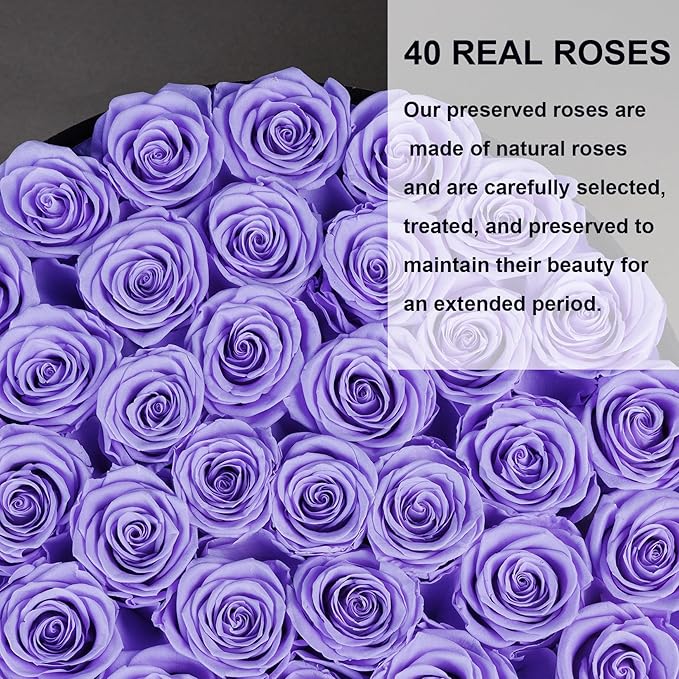 40 Pieces Preserved Roses in Suede Box, Flowers for Mothers Day, Preserved Flowers Gift for Women, Violet