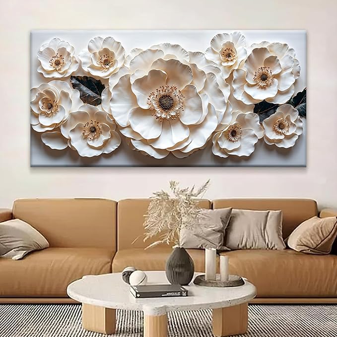 Large Wall Art For Living Room Floral White Wall Art Modern Canvas Art Wall Decor 29" X 58" Painting White Flower Wall Art Print Picture For Bedroom Home Office Decoration