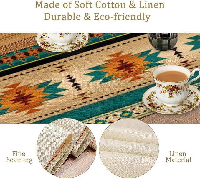 Aztec Southwest Table Runner, Ethnic Style Design Geometric Triditional Kitchen Table Runners Table Setting Decor for Garden Farmhouse Wedding Party Holiday Dinner Home, 13x60 Inch