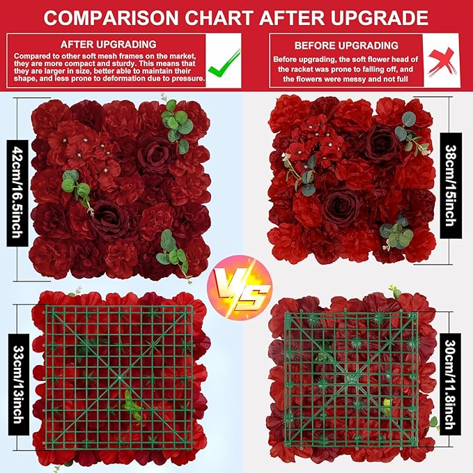 Red Flower Wall Backdrop 12 Piece of 16.5x16.5 Inch Artificial Floral Wall Panel Silk Rose Wall Decor Ideal for Wedding Celebrations, Festive Party Backdrops, and Home Decor