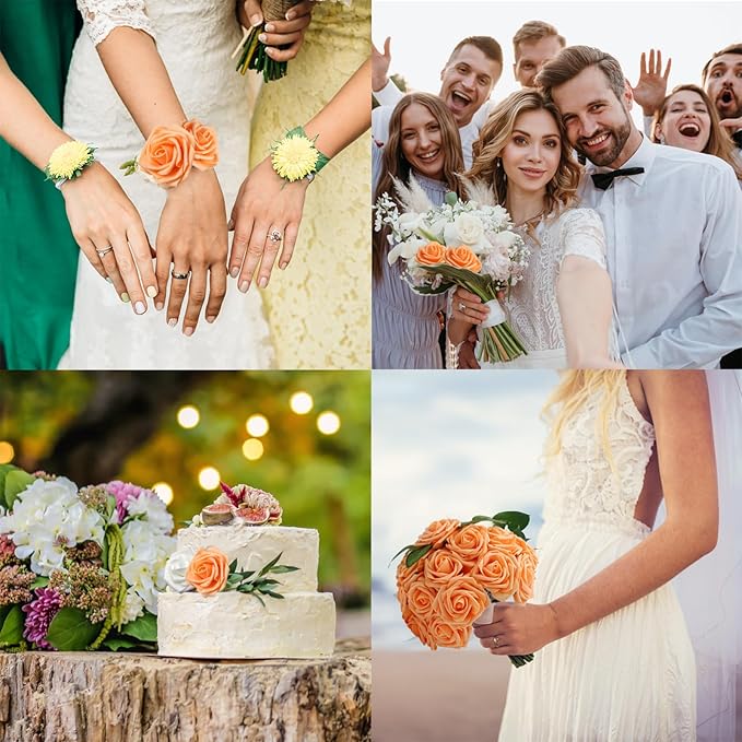 JOYLEX Artificial Flowers Realistic Roses, Orange Real Looking Fake Roses with Stem for DIY Wedding Bouquets Centerpieces Bridal Shower Party Home Romantic Decorations (Orange, 100pcs)