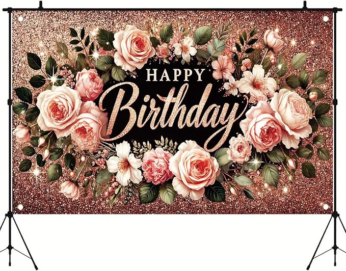 Happy Birthday Backdrop Banner Rose Gold Glitter Floral Photography Background for Women Girls Lady Wedding Baby Shower Birthday Supplies Photo Props Party Decorations Cake Table 6x4ft