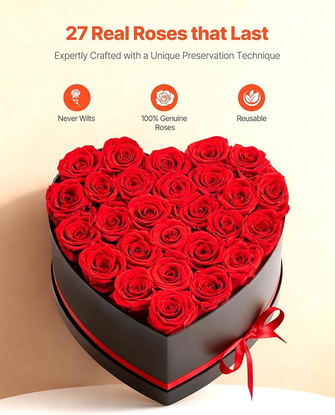 VEVOR Forever Flowers, 27 Preserved Roses in a Heart Shape Box, Eternal Flowers Immortal Bouquet Birthday Present for Delivery Prime Women Her Wife Mothers, Anniversary, Valentine's Day,Christmas, Red