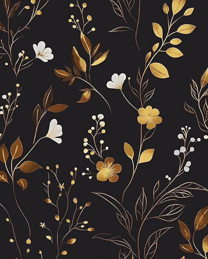 Black Floral Wallpaper Peel and Stick, Dark Gold Vintage Flower Contact Paper 17.5" x 393.7", Golden/White Botanical Wall Paper Self Adhesive Waterproof Removable for Room Cabinet Drawer Table Decor