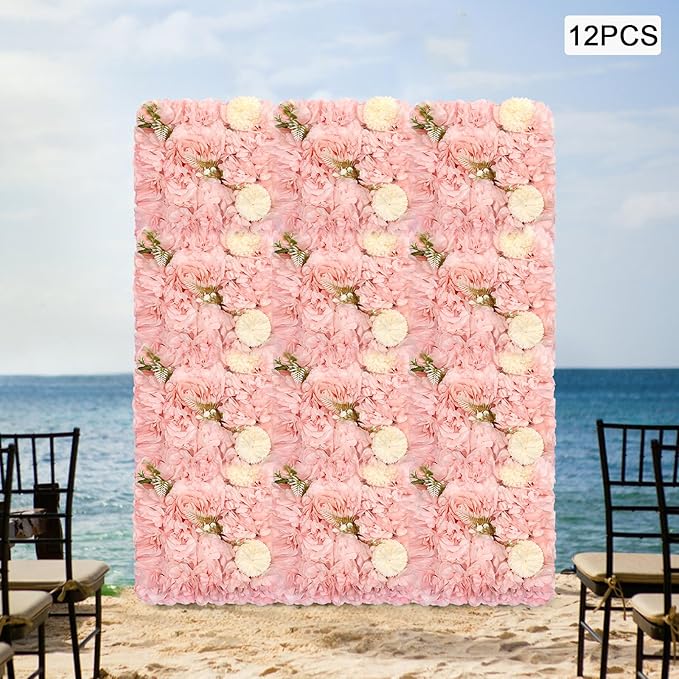 12Pcs Artificial Flower Wall Panel,3D 15" X 15" Silk Rose Mat Artificial Flower Wall,Decorative Backdrop Flower Panels Wall for Wedding Party Stage Baby Shower Decor (Pink,Champagne)