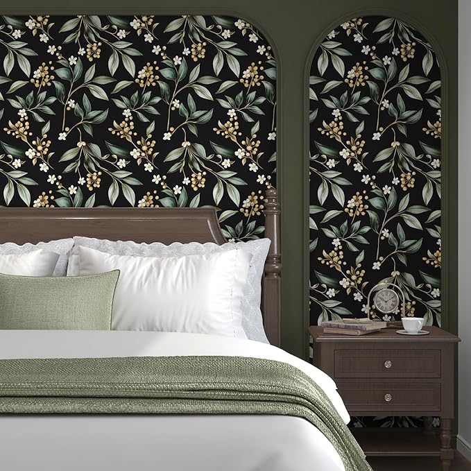 Extra Long Dark Peel and Stick Wallpaper 17.5" x 393" – Vintage Floral Green Leaf Botanical Self-Adhesive Vinyl Contact Paper for Bathroom Bedroom Kitchen Cabinet Drawer Walls PVC DIY Decor