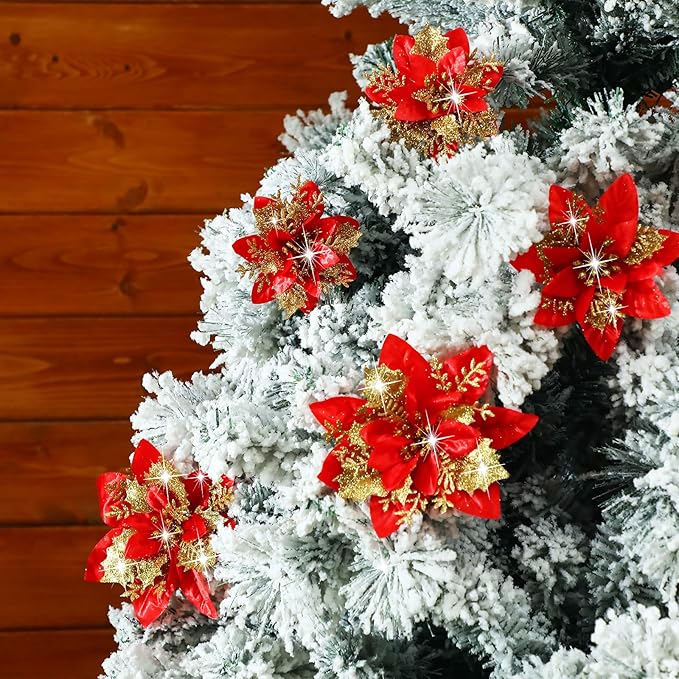 24 Christmas Glitter Artificial Poinsettia Flowers Xmas Poinsettia Artificial Wedding Flowers Decorations Xmas Tree Ornaments with Clips for Party Favors, 6 Inch, 4 Inch, 3 Inch (Red and Gold)