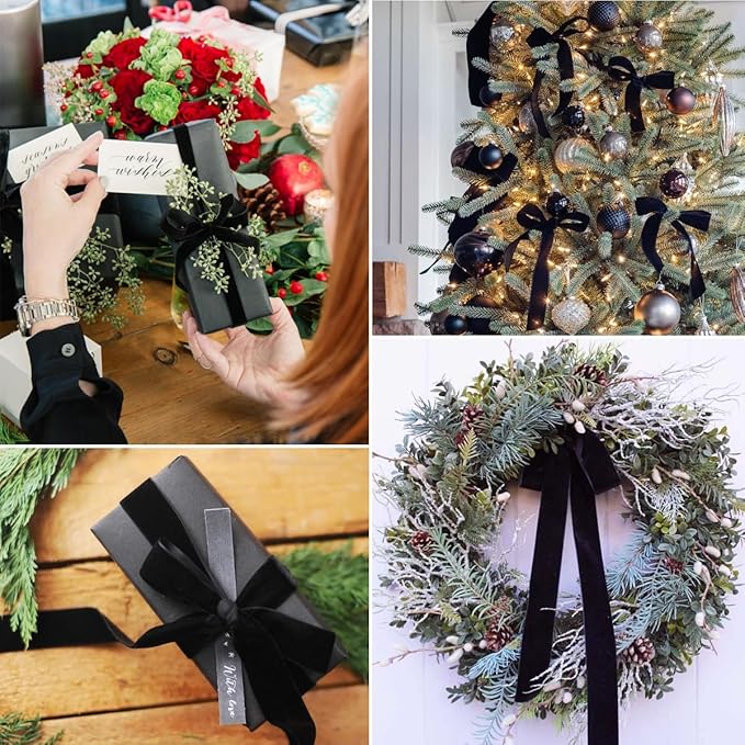 Black Velvet Ribbon 3/8 Inches x 5 Yards for Gift Wrapping, Crafts, Christmas Tree, Wreath, Bow Making, Vintage Fabric on The Spool for DIY