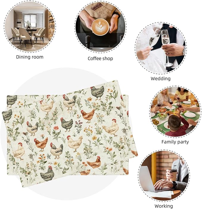 Farmhouse Rooster Placemats Set of 6, Rustic Chicken Place Mats, Country Flowers Dining Table Mats, Washable Placemats for Kitchen Dining Room Home Decor 18L'' × 12W''
