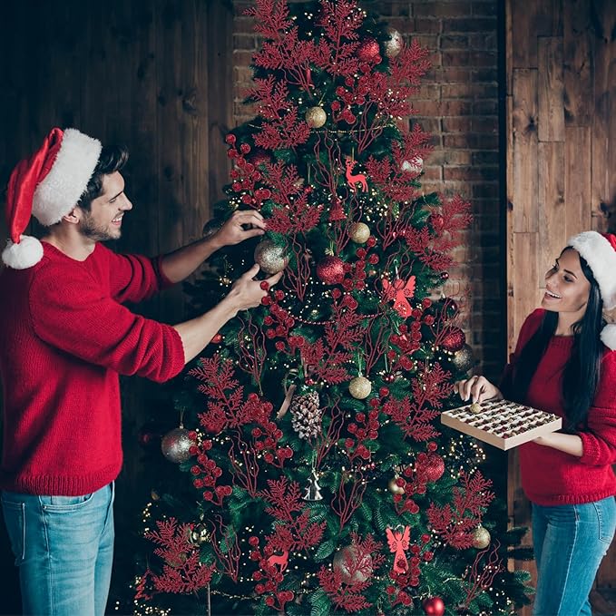 75 Pcs Christmas Glitter Branches 3 Styles Artificial Christmas Picks Berries Stems Pine Needles Floral Twig Spray for Xmas Tree Ornaments DIY Wreath Garland(Burgundy)