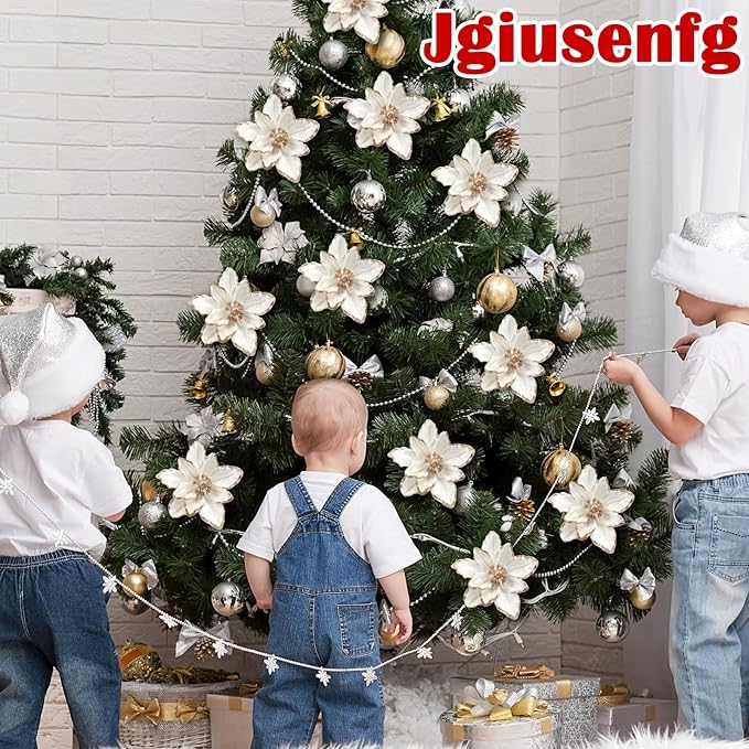 8 Pcs Large Christmas Flower Magnolia Flowers Christmas Tree Decoration Artificial Poinsettia Stems Velvet Xmas Ornaments for Xmas Tree Table Decor(White,12 Inch)