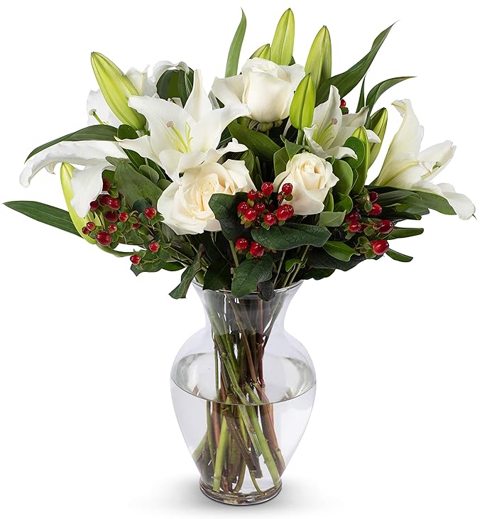 Benchmark Bouquets - White Elegance (Glass Vase Included) - Fresh Flowers for Next Day Delivery - Gift for Christmas, Birthday, Anniversary, Sympathy, Get Well, Congratulations